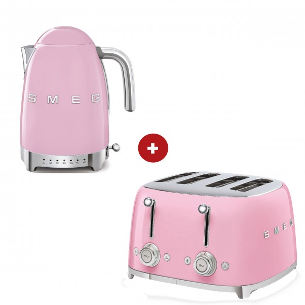 smeg Set – 4-Schlitz-Toaster und Wasserkocher variable Temperatur (Cadillac Pink)