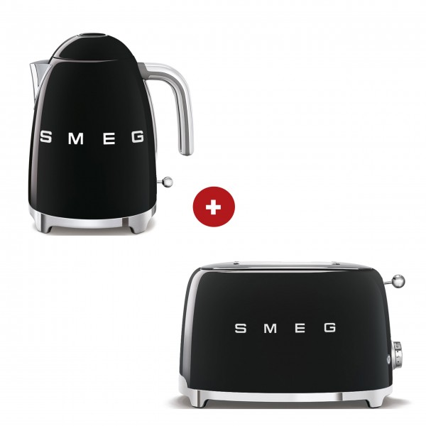 smeg Set – 2-Schlitz-Toaster kompakt und Wasserkocher feste Temperatur (Schwarz)