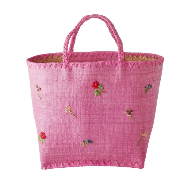 rice Korbtasche aus Raffia "Flowers/Blumen" - Groß (Pink)