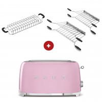 smeg Toaster Set - 2-Schlitz-Toaster lang (Cadillac Pink) mit Röstaufsatz und zwei Sandwichzangen