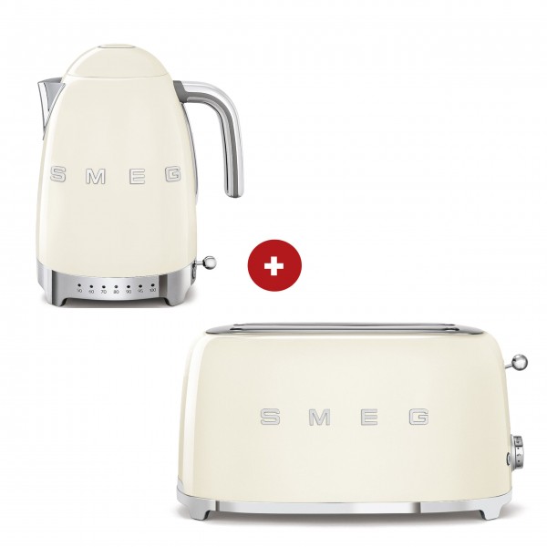 smeg Set – 2-Schlitz-Toaster lang und Wasserkocher variable Temperatur (Creme)