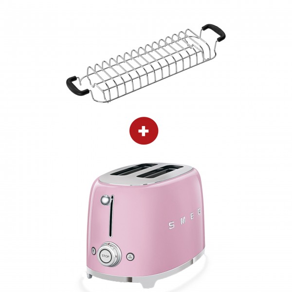 smeg Set - 2-Schlitz-Toaster kompakt (Cadillac Pink) mit Röstaufsatz
