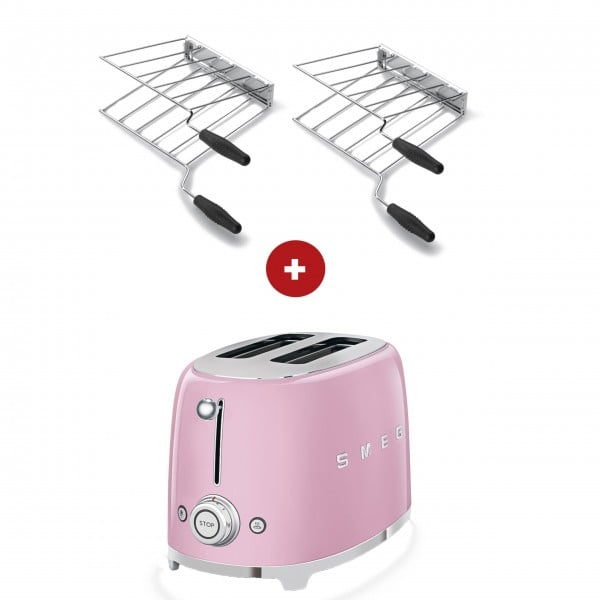 smeg Sandwich-Set – 2-Schlitz-Toaster kompakt (Cadillac Pink) mit zwei Sandwichzangen