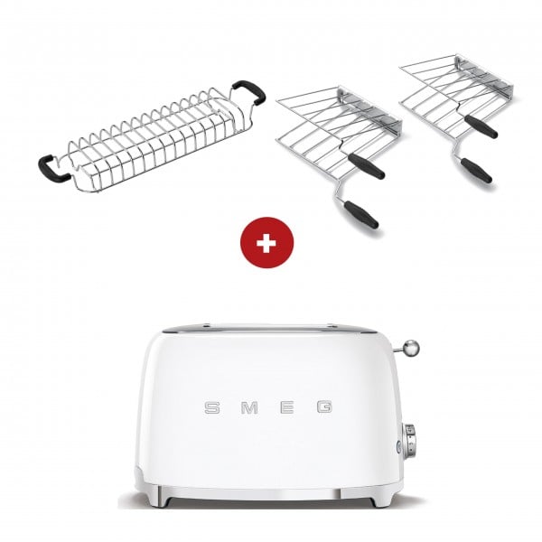 smeg Toaster Set - 2-Schlitz-Toaster kompakt (Weiß) mit Röstaufsatz und zwei Sandwichzangen