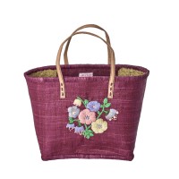 rice Tasche "Raffia - Heavy Flower" mit Lederhenkeln - M (Pink)