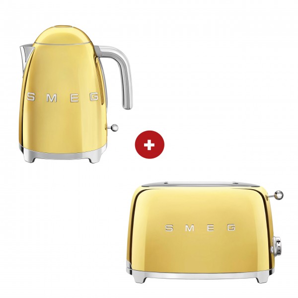 smeg Set aus 2-Schlitz-Toaster kompakt und Wasserkocher feste Temperatur (Gold)