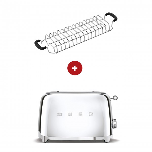 smeg Set - 2-Schlitz-Toaster kompakt (Chrom) mit Röstaufsatz