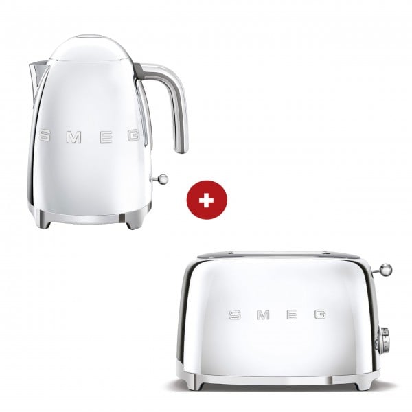 smeg Set – 2-Schlitz-Toaster kompakt und Wasserkocher feste Temperatur (Chrom)