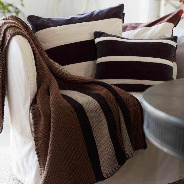 Block Striped Organic Cotton Velvet Pillow Cover Brown/Lt Beige, 50x50