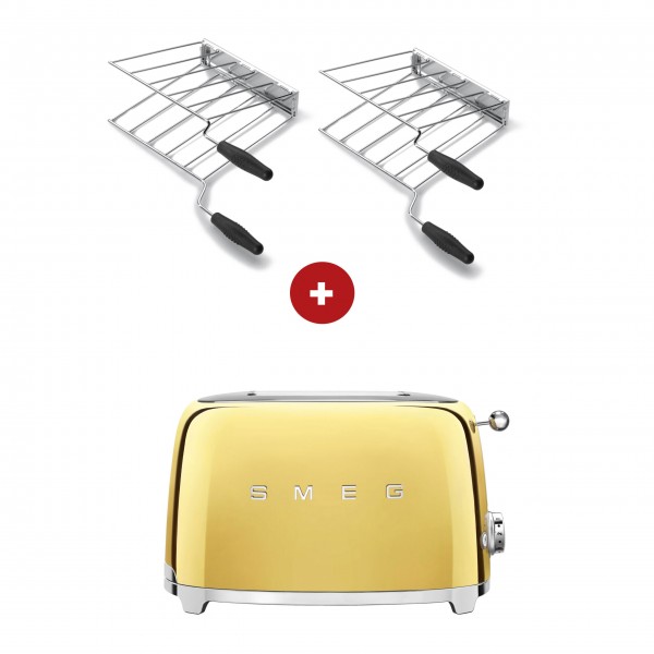smeg Sandwich-Set – 2-Schlitz-Toaster kompakt (Gold) mit zwei Sandwichzangen
