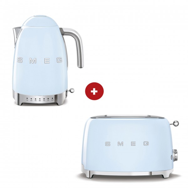 smeg Set – 2-Schlitz-Toaster kompakt und Wasserkocher variable Temperatur (Pastellblau)
