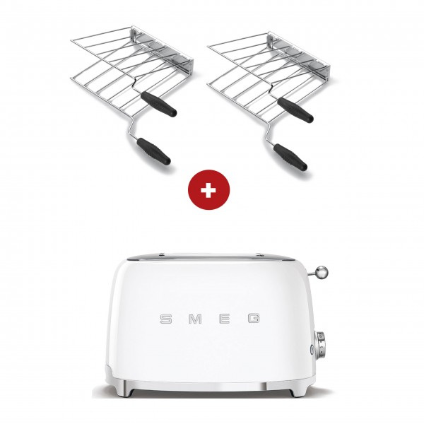 smeg Sandwich-Set – 2-Schlitz-Toaster kompakt (Weiß) mit zwei Sandwichzangen