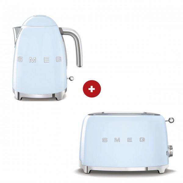 smeg Set – 2-Schlitz-Toaster kompakt und Wasserkocher feste Temperatur (Pastellblau)