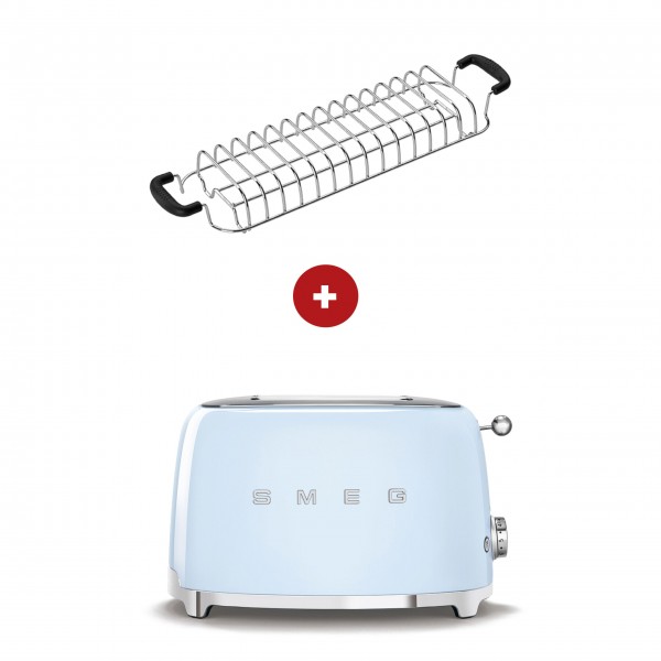 smeg Set - 2-Schlitz-Toaster kompakt (Pastellblau) mit Röstaufsatz