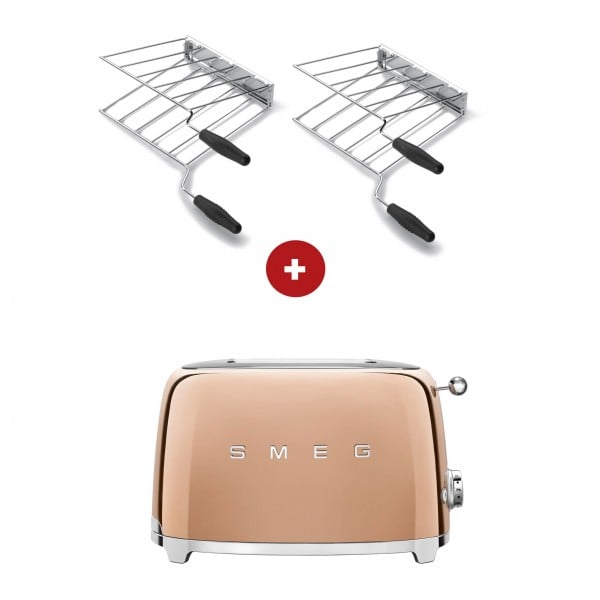 smeg Sandwich-Set – 2-Schlitz-Toaster kompakt (Rose-Gold) mit zwei Sandwichzangen