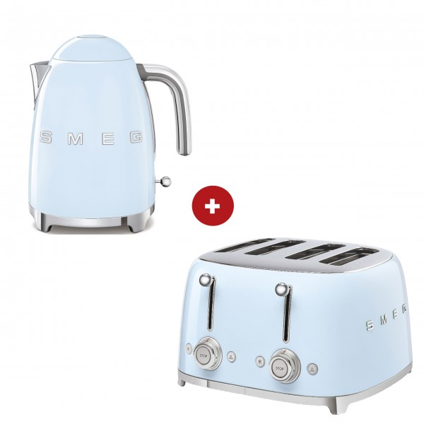 smeg Set – 4-Schlitz-Toaster und Wasserkocher feste Temperatur (Pastellblau)