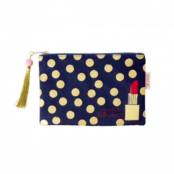 Rice Flat Pencil Case in Dark Blue with Gold Dots and Lipstick