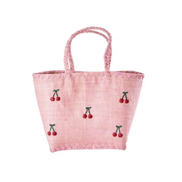 rice Korbtasche aus Raffia "Cherries/Kirschen" - Medium (Pink)
