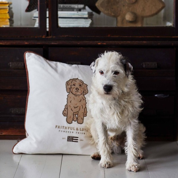 Dog Embroidered Organic Cotton Twill Pillow Cover Dk Gray/White/Brown, 50x50