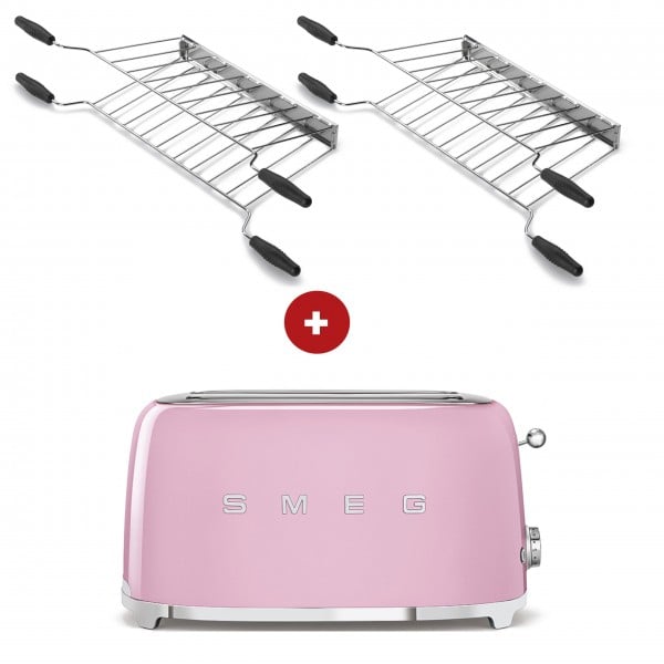 smeg Sandwich-Set – 2-Schlitz-Toaster lang (Cadillac Pink) mit zwei Sandwichzangen