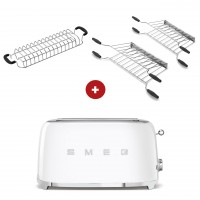 smeg Toaster Set - 2-Schlitz-Toaster lang (Weiß) mit Röstaufsatz und zwei Sandwichzangen