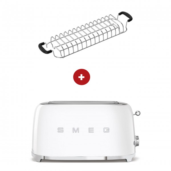 smeg Set - 2-Schlitz-Toaster lang (Weiß) mit Röstaufsatz