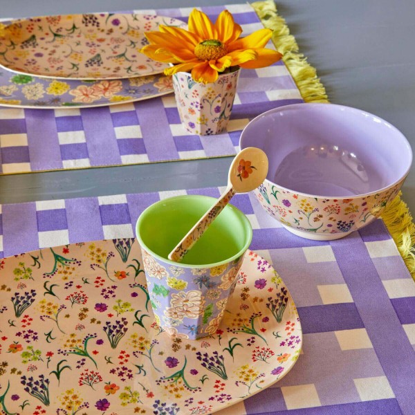 rice Tischset mit Karomuster und Fransen (Lavendel/Gelb)