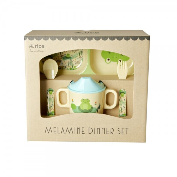 rice Melamin Baby-Geschirr-Set in Geschenkbox "Frog/Frosch" - 4-teilig (Blau)