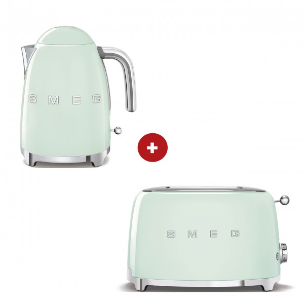 smeg Set – 2-Schlitz-Toaster kompakt und Wasserkocher feste Temperatur (Pastellgrün)