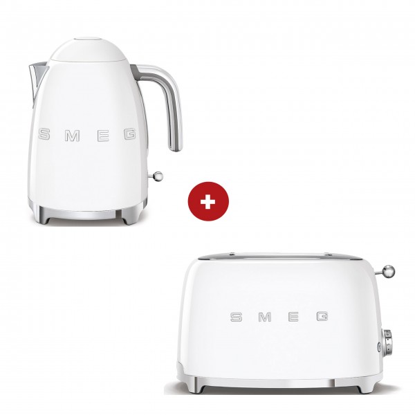 smeg Set – 2-Schlitz-Toaster kompakt und Wasserkocher feste Temperatur (Weiß)